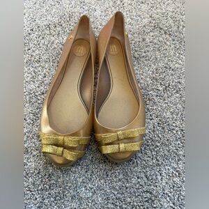 Melissa Gold Glitter Bow Ballet Flats Size 6 Made in Brazil